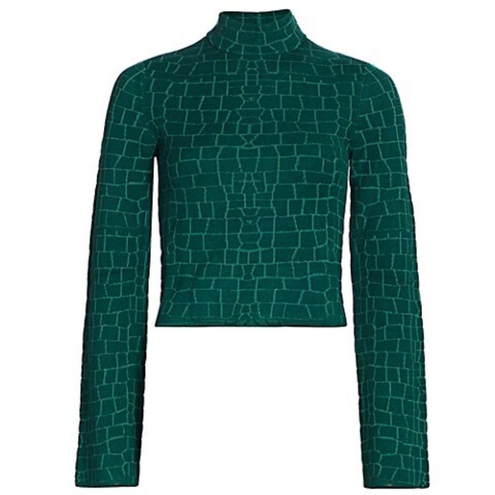 STAUD Green Croc-Print Long Sleeve Crop Top